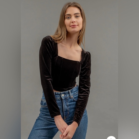 A17- Velvet Square Neck Long Sleeve Corset Crop Top - Picture 2 of 4